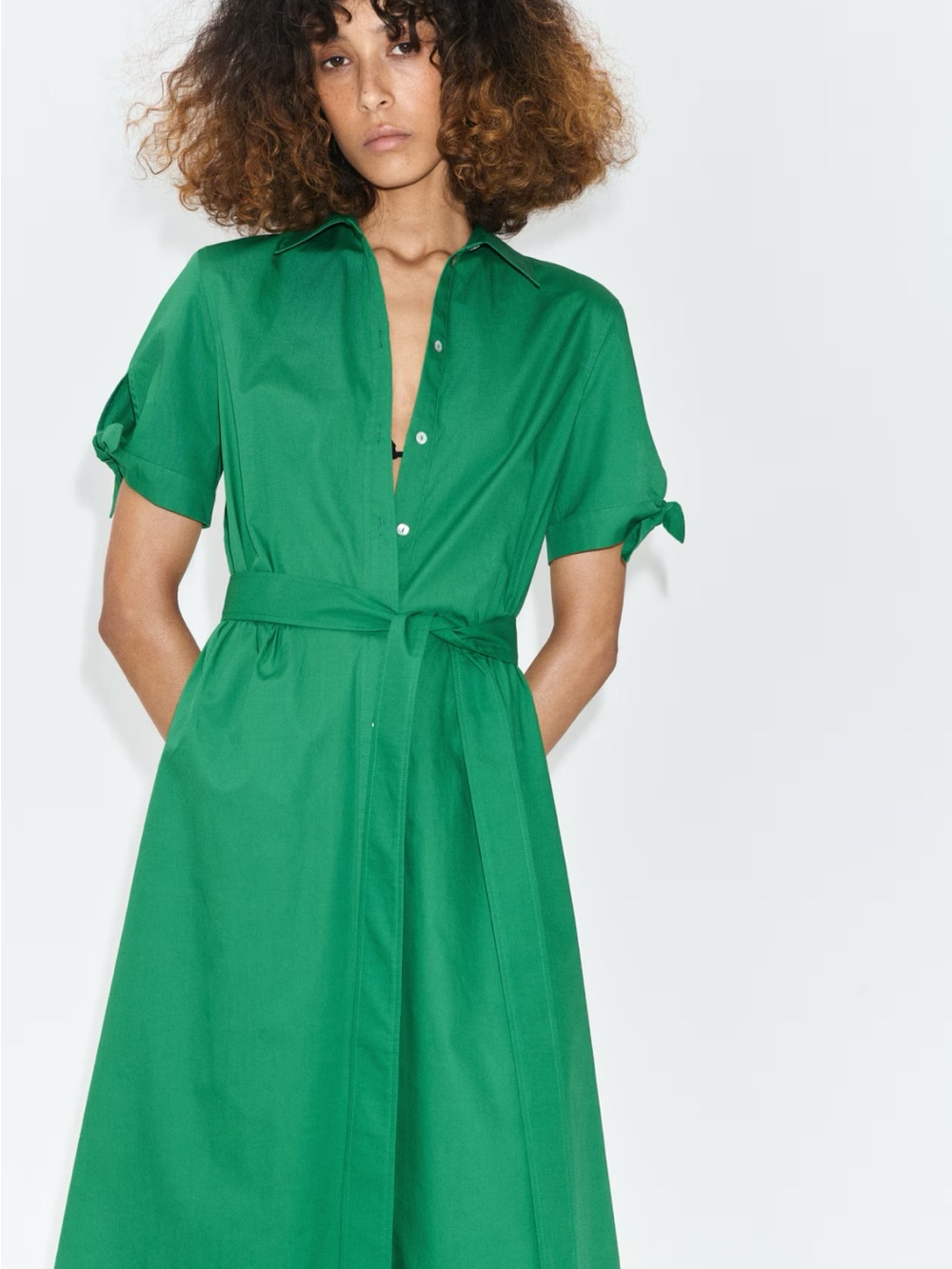 H&M Emerald Green Tie-Waist Maxi Shirt Dress